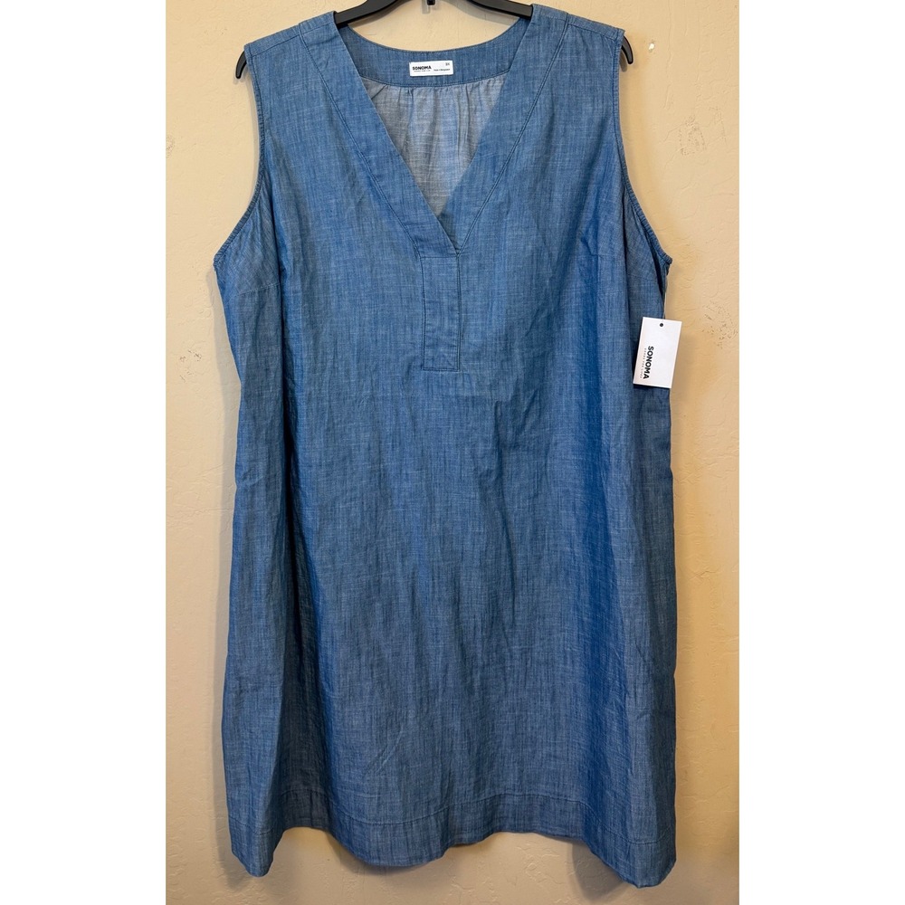 Sonoma Dress Women 3X Blue Chambray Mini Sleeveless V-Neck Pocket Shift Boho NEW